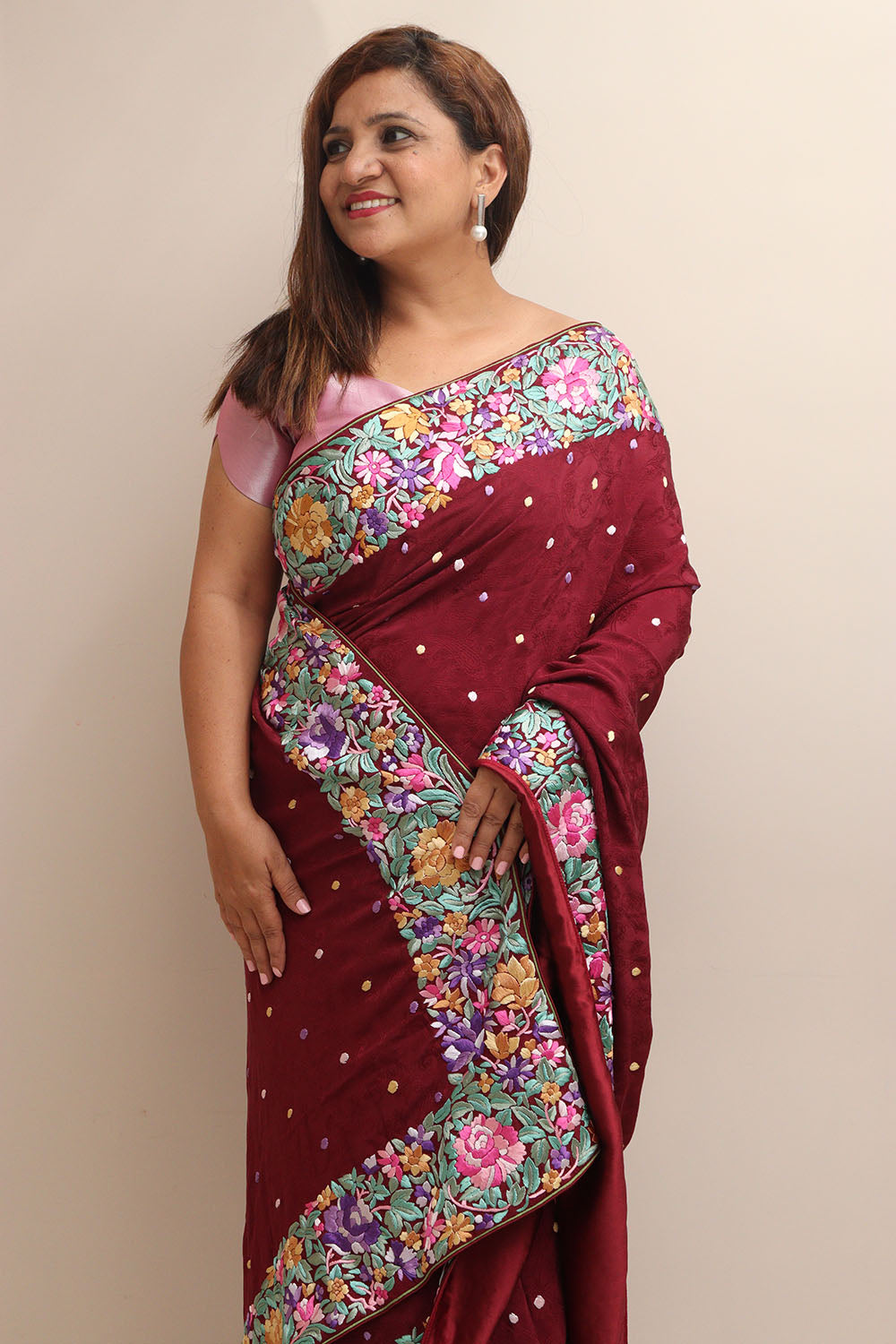 Elegant Maroon Hand Embroidered Parsi Gara Crepe Flower Design Saree - Luxurion World