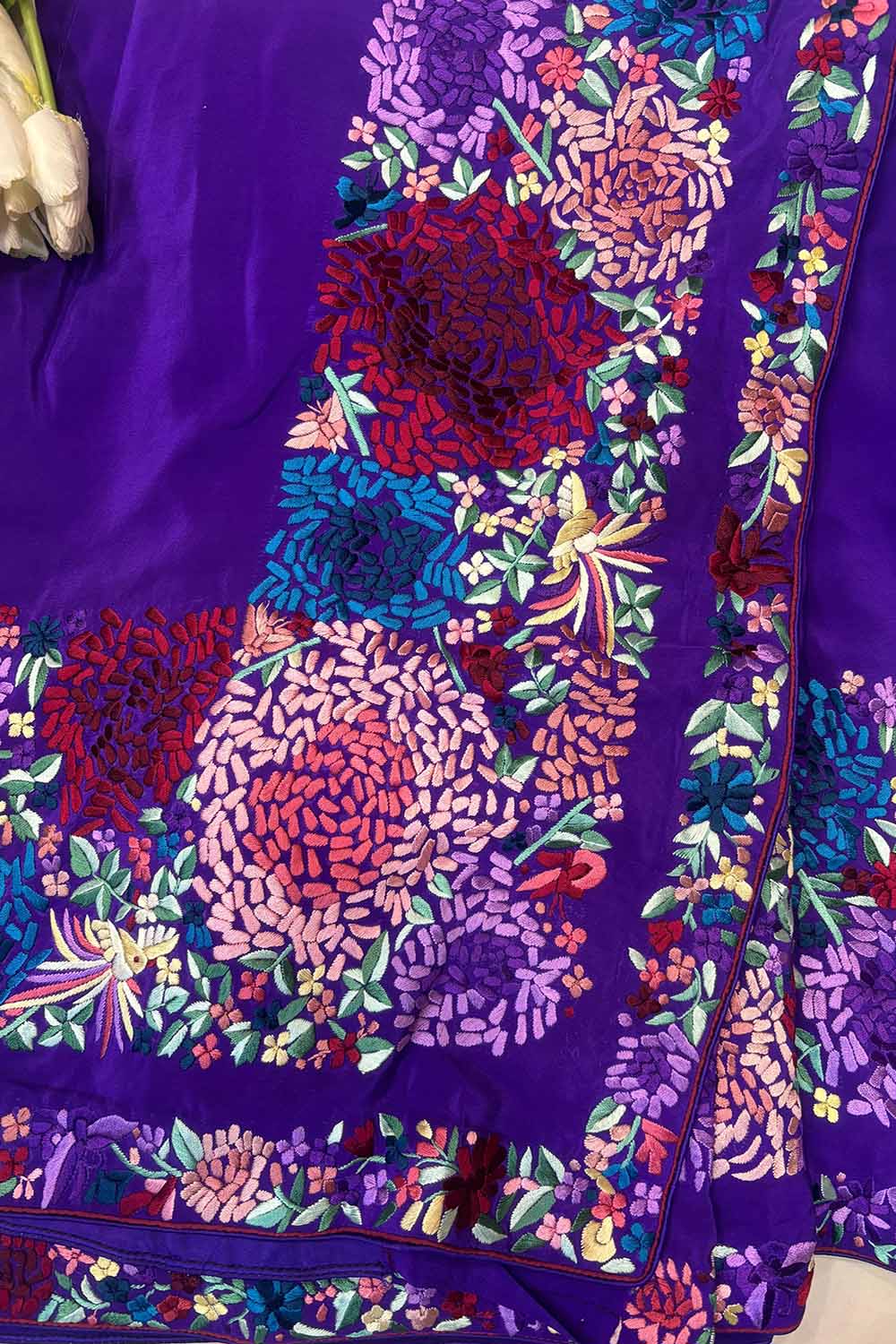 Elegant Purple Hand Embroidered Parsi Gara Crepe Flower Design Saree - Luxurion World