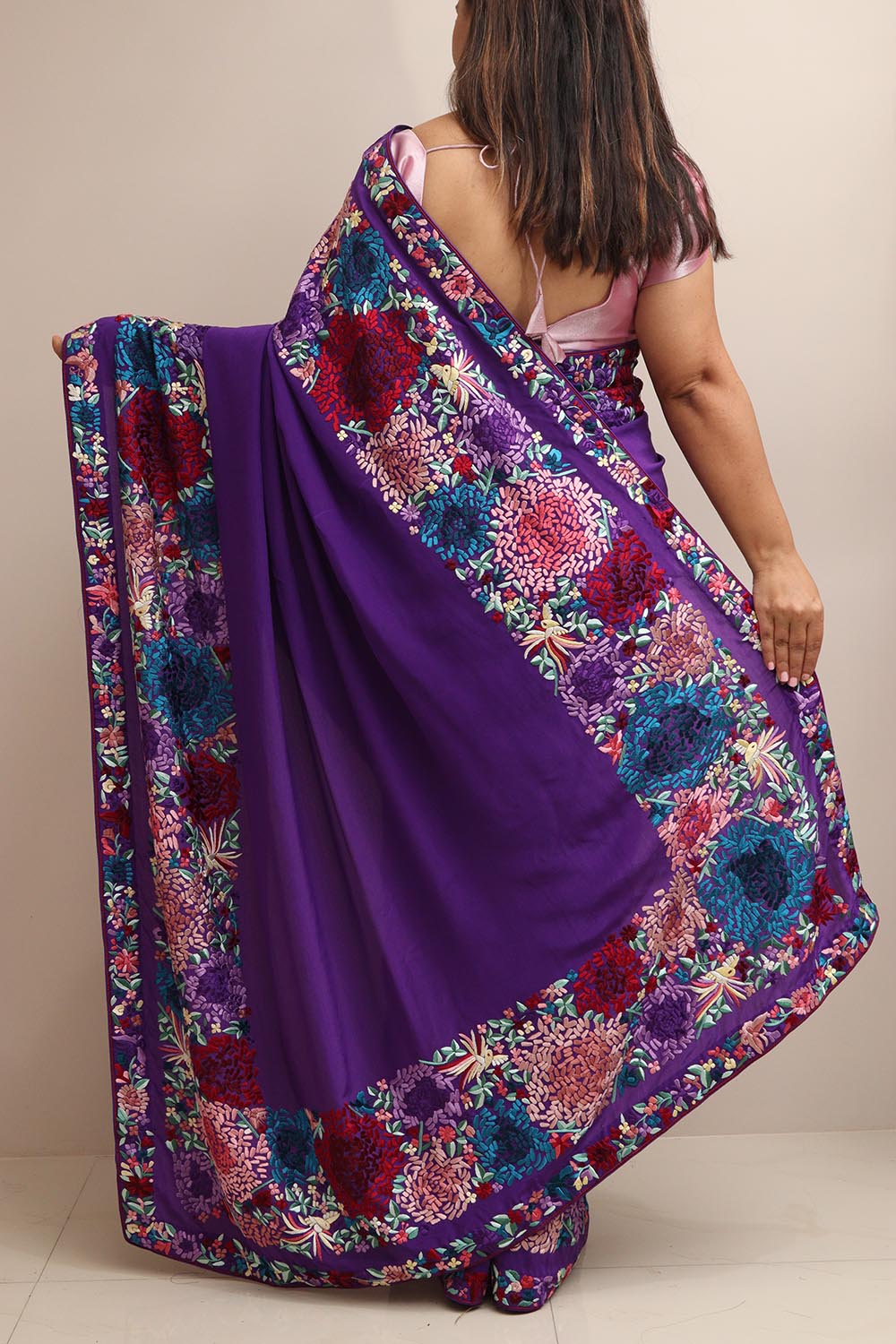 Elegant Purple Hand Embroidered Parsi Gara Crepe Flower Design Saree - Luxurion World