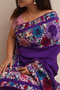 Elegant Purple Hand Embroidered Parsi Gara Crepe Flower Design Saree - Luxurion World