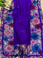 Elegant Purple Hand Embroidered Parsi Gara Crepe Flower Design Saree - Luxurion World
