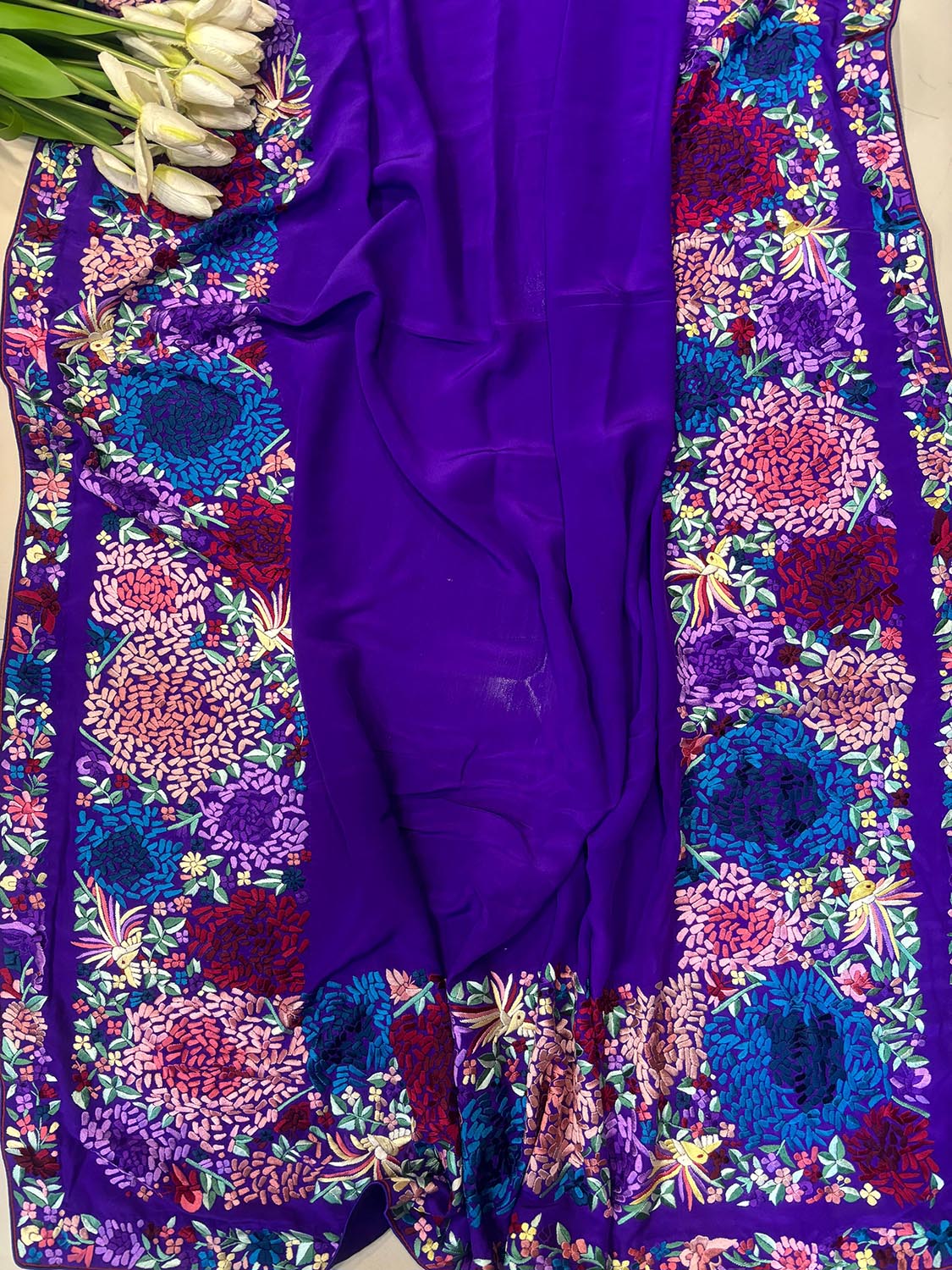 Elegant Purple Hand Embroidered Parsi Gara Crepe Flower Design Saree - Luxurion World