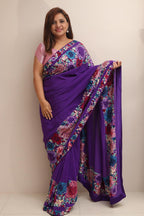 Elegant Purple Hand Embroidered Parsi Gara Crepe Flower Design Saree - Luxurion World
