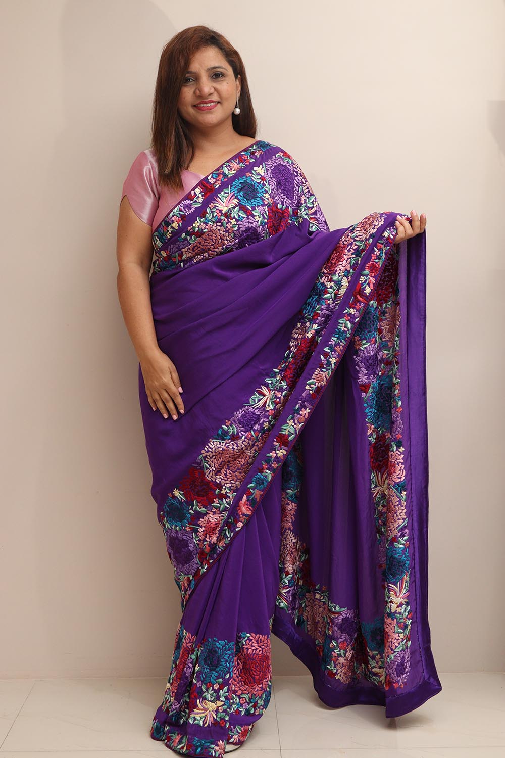 Elegant Purple Hand Embroidered Parsi Gara Crepe Flower Design Saree - Luxurion World