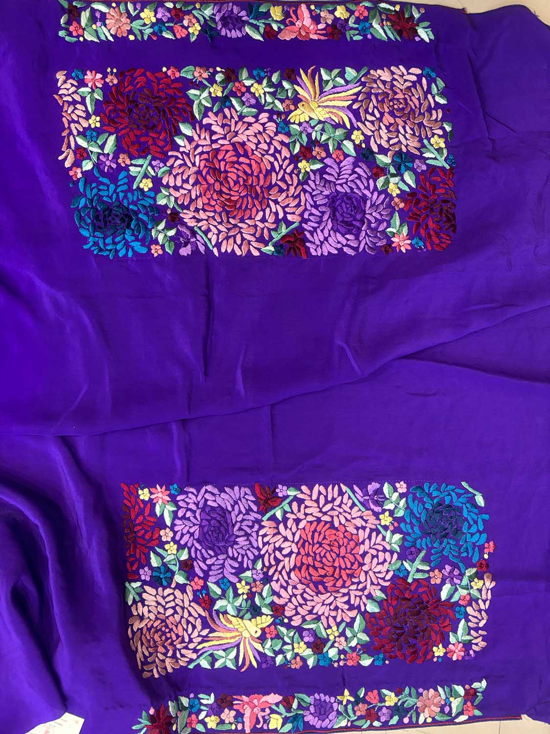 Elegant Purple Hand Embroidered Parsi Gara Crepe Flower Design Saree - Luxurion World