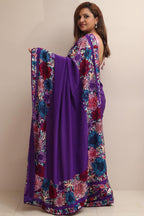 Elegant Purple Hand Embroidered Parsi Gara Crepe Flower Design Saree - Luxurion World