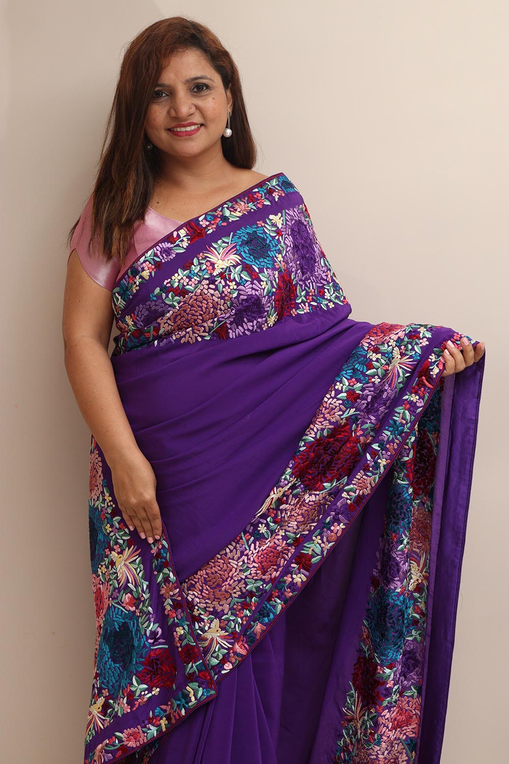 Elegant Purple Hand Embroidered Parsi Gara Crepe Flower Design Saree - Luxurion World