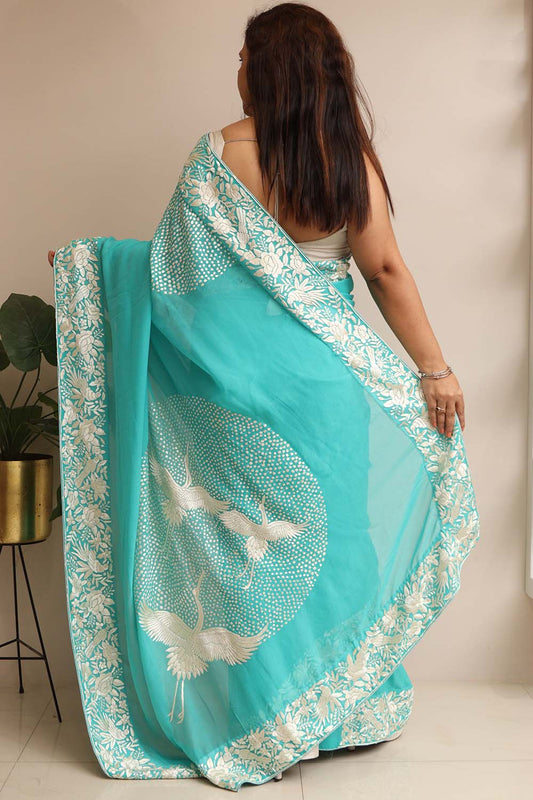 Exquisite Blue Hand Embroidered Parsi Gara Crepe Flower And Bird Design Saree - Luxurion World