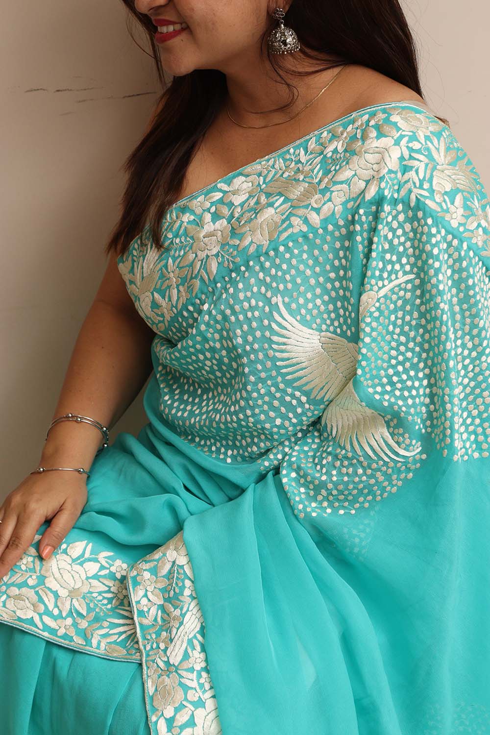 Exquisite Blue Hand Embroidered Parsi Gara Crepe Flower And Bird Design Saree - Luxurion World