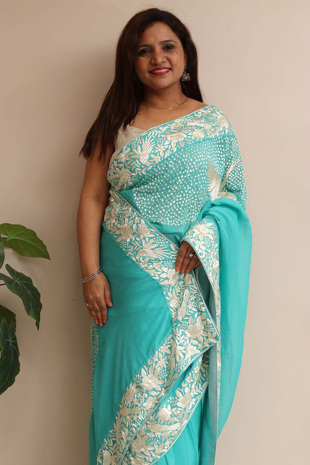 Exquisite Blue Hand Embroidered Parsi Gara Crepe Flower And Bird Design Saree - Luxurion World