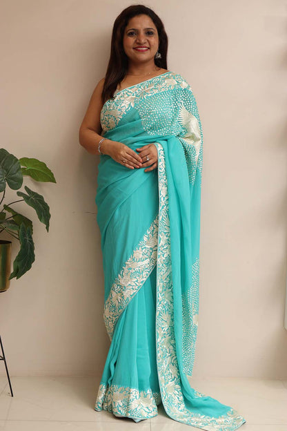 Exquisite Blue Hand Embroidered Parsi Gara Crepe Flower And Bird Design Saree - Luxurion World