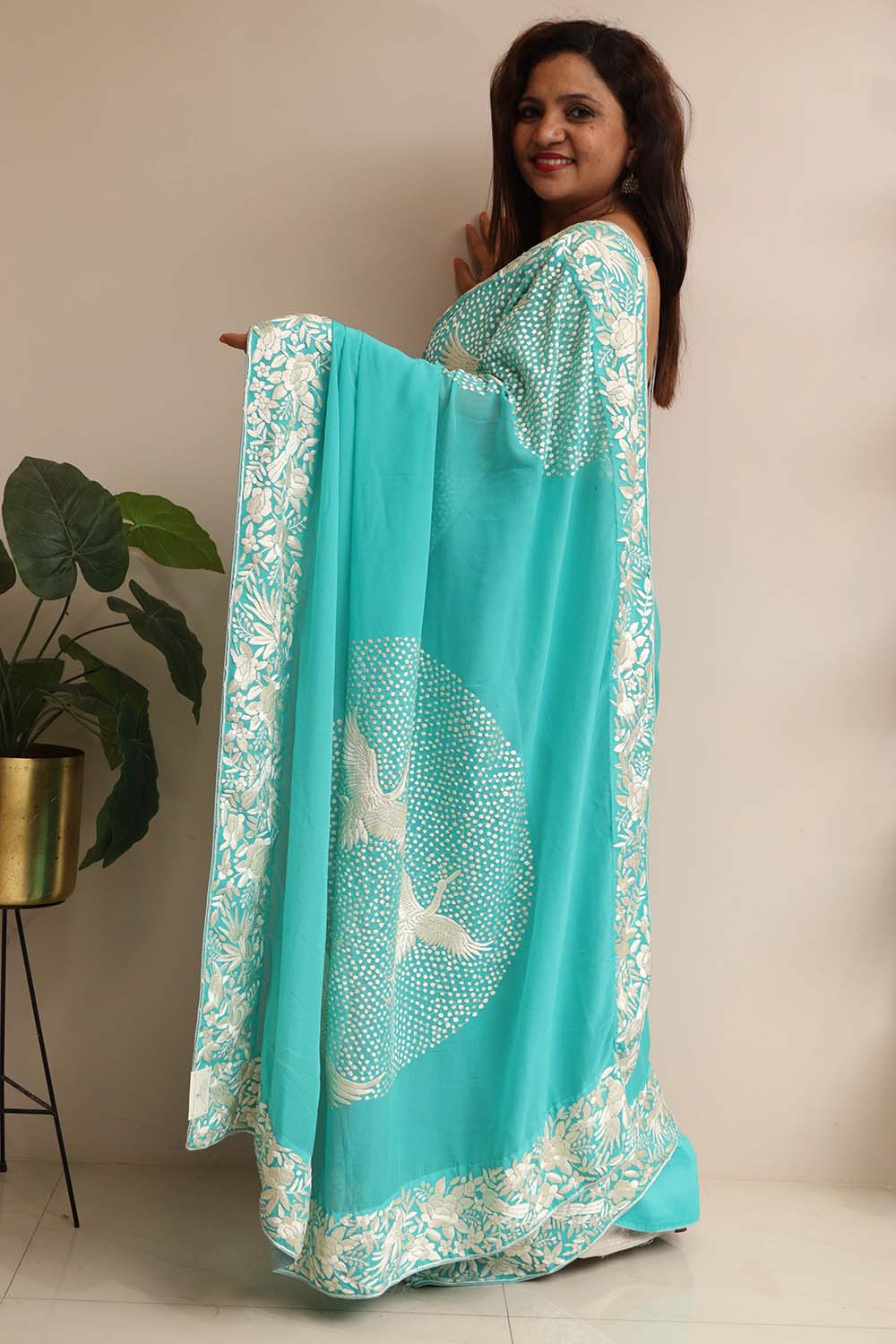 Exquisite Blue Hand Embroidered Parsi Gara Crepe Flower And Bird Design Saree - Luxurion World