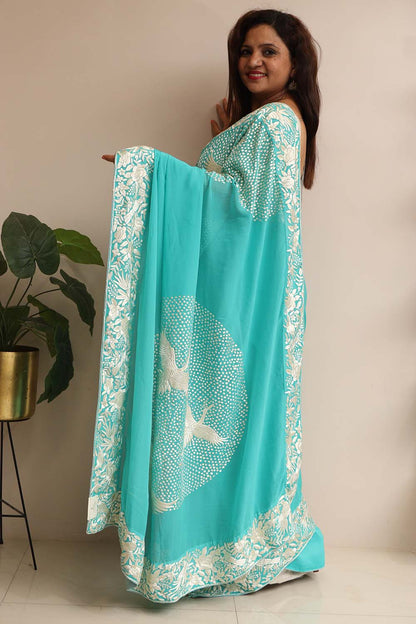 Exquisite Blue Hand Embroidered Parsi Gara Crepe Flower And Bird Design Saree - Luxurion World