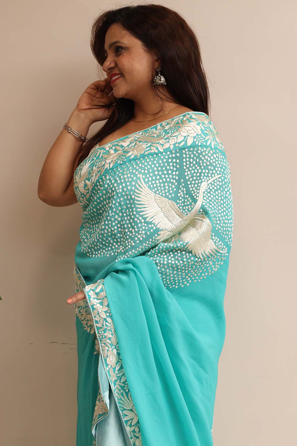 Exquisite Blue Hand Embroidered Parsi Gara Crepe Flower And Bird Design Saree - Luxurion World
