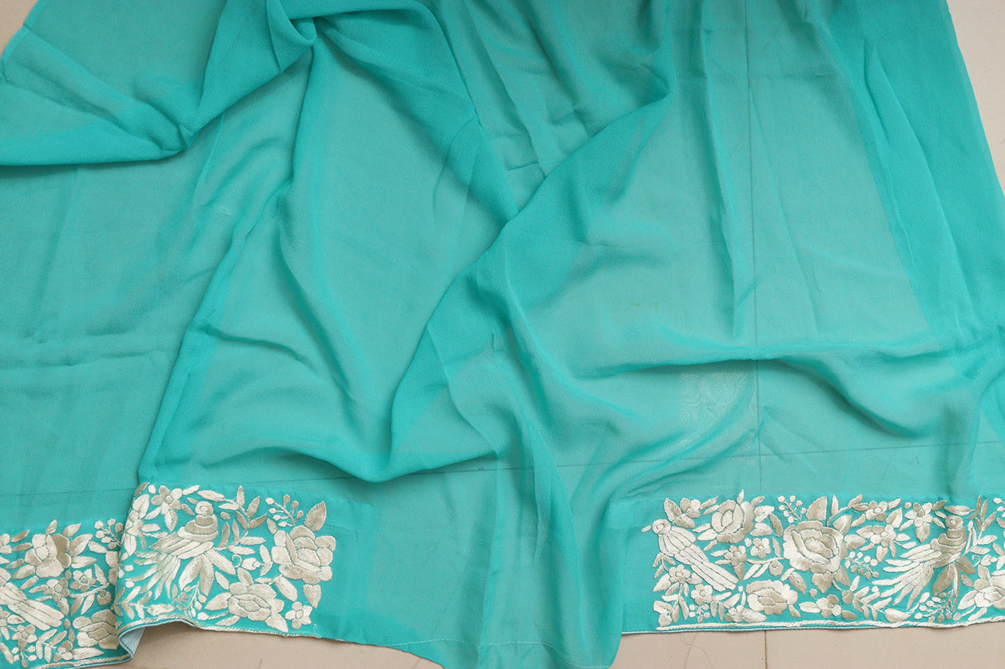 Exquisite Blue Hand Embroidered Parsi Gara Crepe Flower And Bird Design Saree - Luxurion World