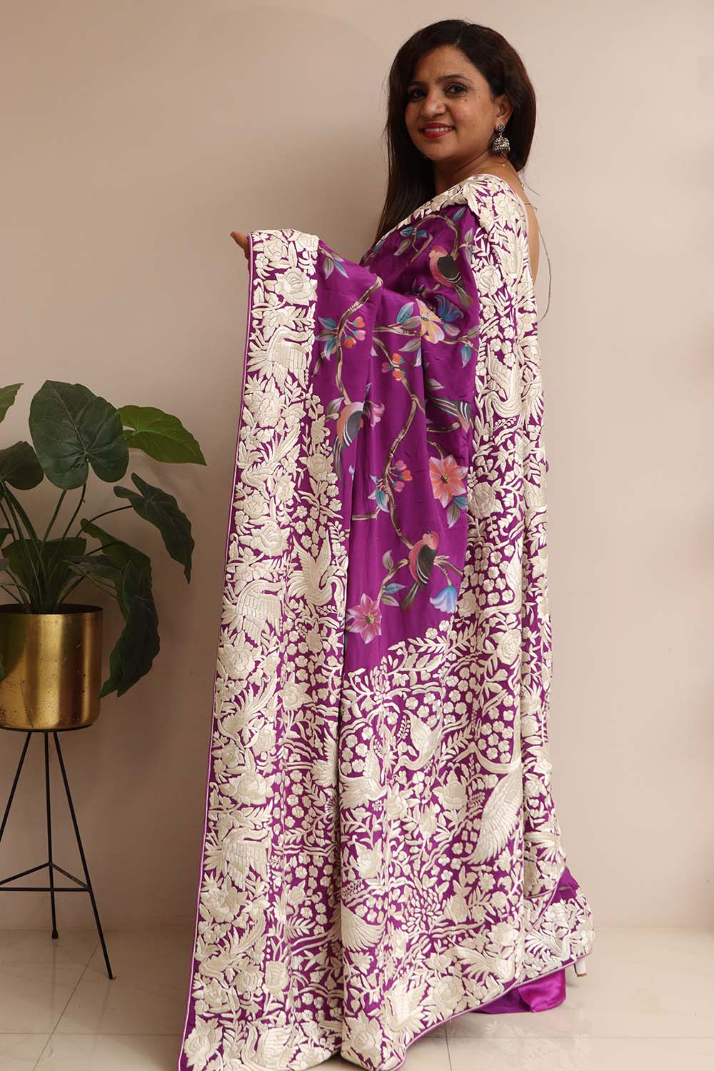 Exquisite Purple Embroidered Parsi Gara Crepe Flower And Bird Design Hand Painted Saree - Luxurion World