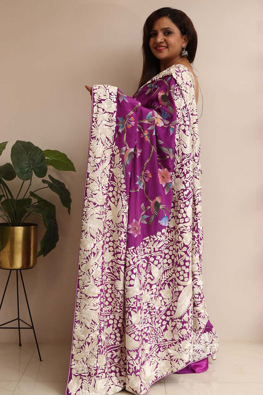 Exquisite Purple Embroidered Parsi Gara Crepe Flower And Bird Design Hand Painted Saree - Luxurion World