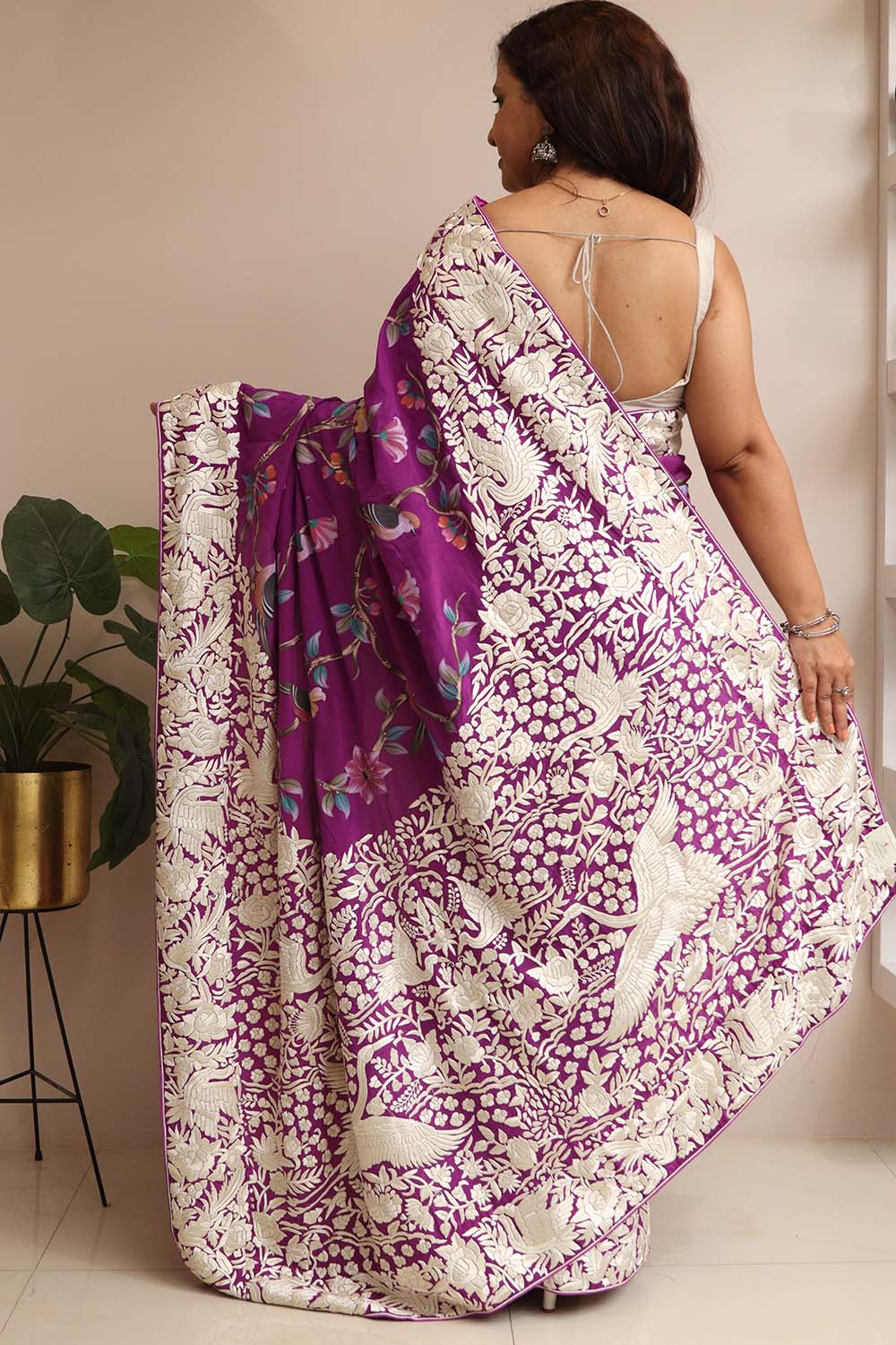 Exquisite Purple Embroidered Parsi Gara Crepe Flower And Bird Design Hand Painted Saree - Luxurion World