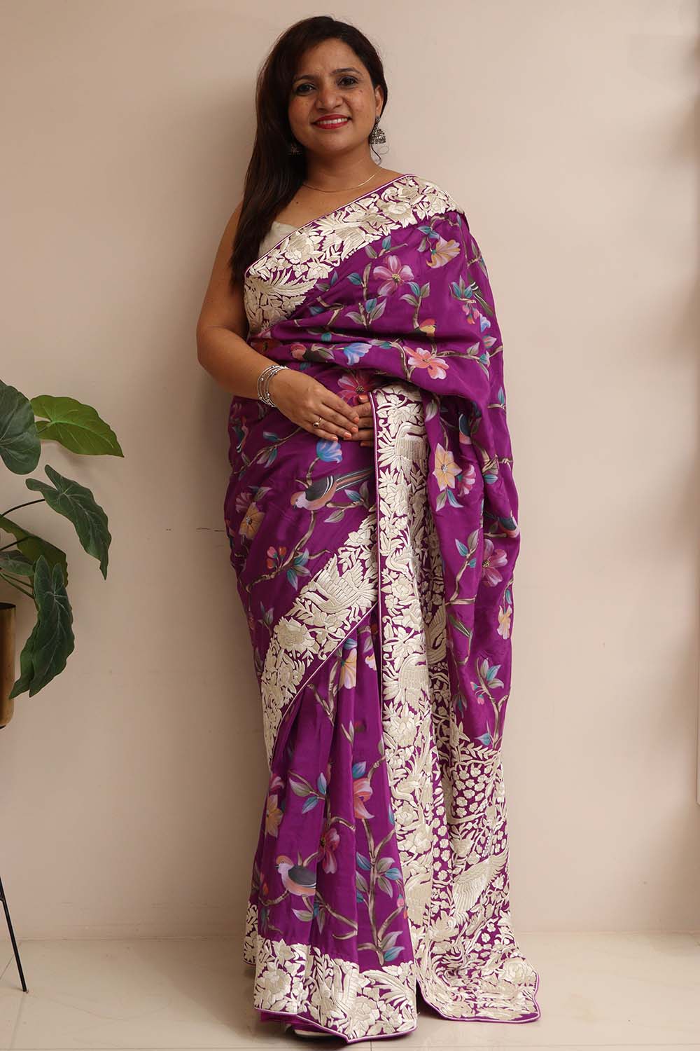 Exquisite Purple Embroidered Parsi Gara Crepe Flower And Bird Design Hand Painted Saree - Luxurion World