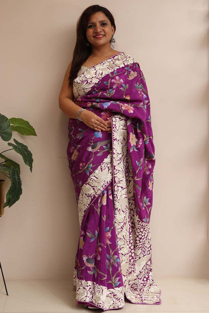 Exquisite Purple Embroidered Parsi Gara Crepe Flower And Bird Design Hand Painted Saree - Luxurion World