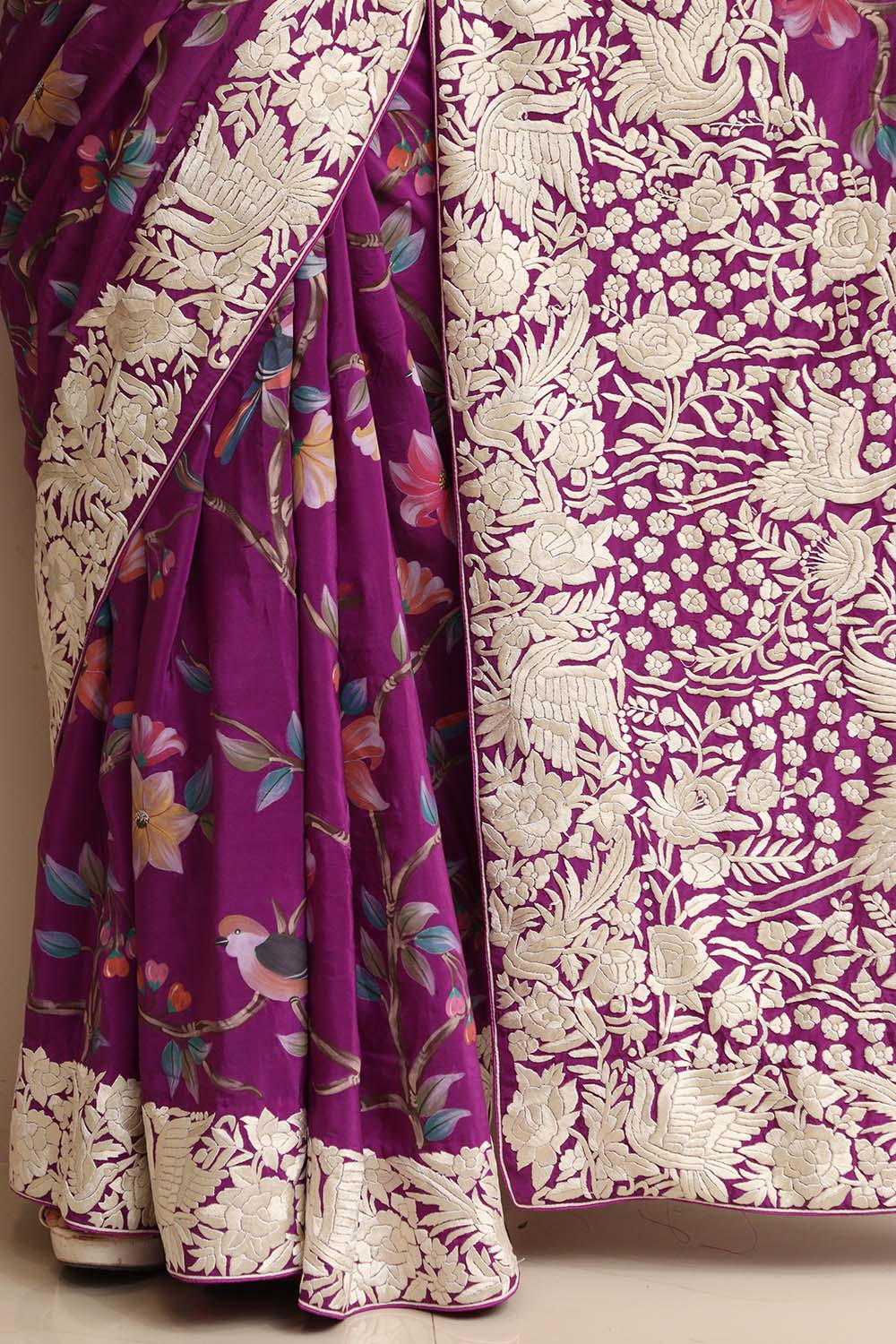 Exquisite Purple Embroidered Parsi Gara Crepe Flower And Bird Design Hand Painted Saree - Luxurion World