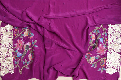 Exquisite Purple Embroidered Parsi Gara Crepe Flower And Bird Design Hand Painted Saree - Luxurion World