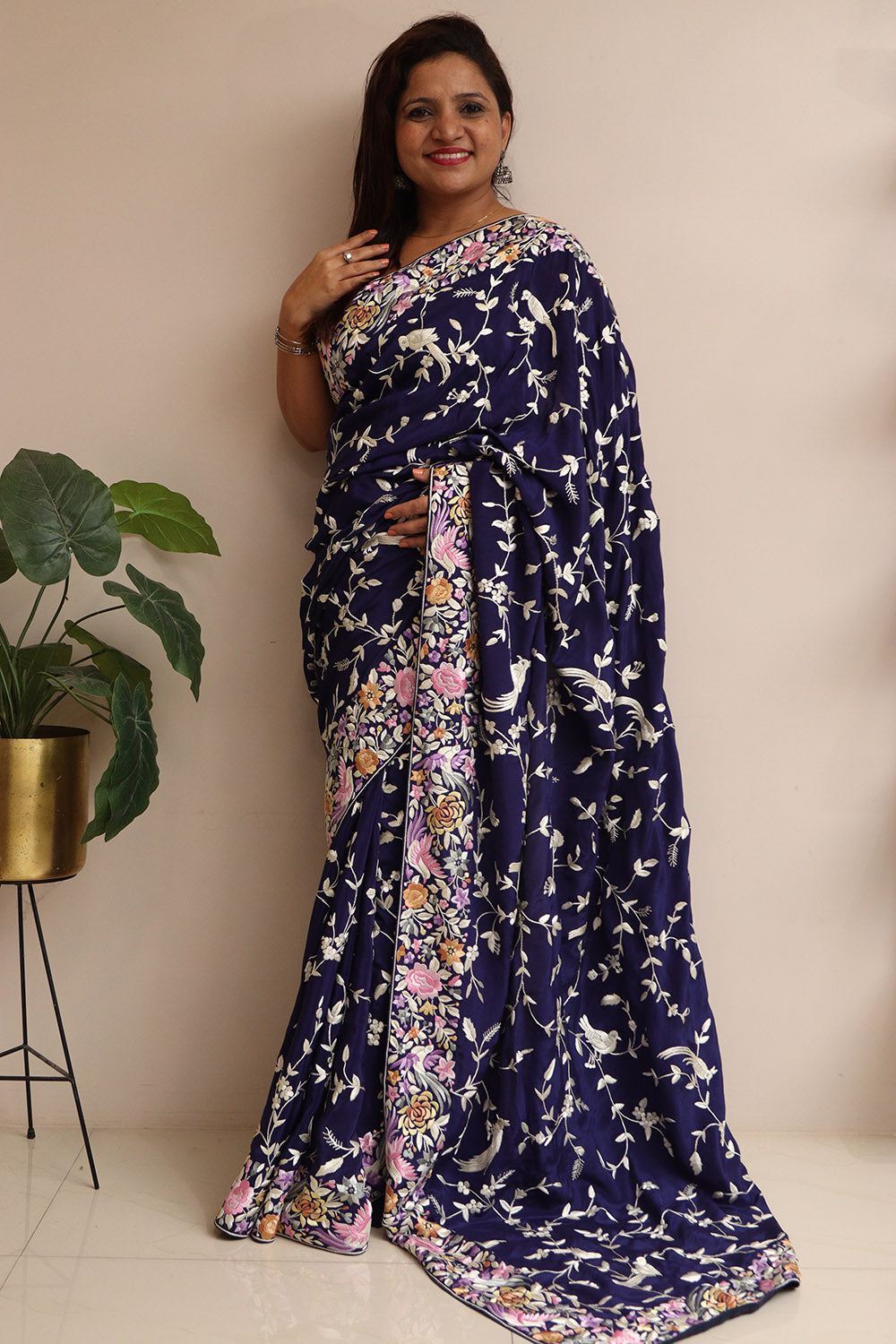 Exquisite Blue Hand Embroidered Parsi Gara Crepe Flower And Bird Design Saree - Luxurion World