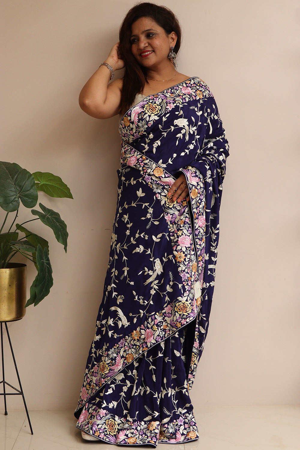 Exquisite Blue Hand Embroidered Parsi Gara Crepe Flower And Bird Design Saree - Luxurion World