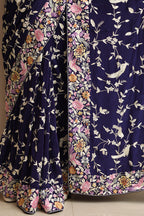 Exquisite Blue Hand Embroidered Parsi Gara Crepe Flower And Bird Design Saree - Luxurion World