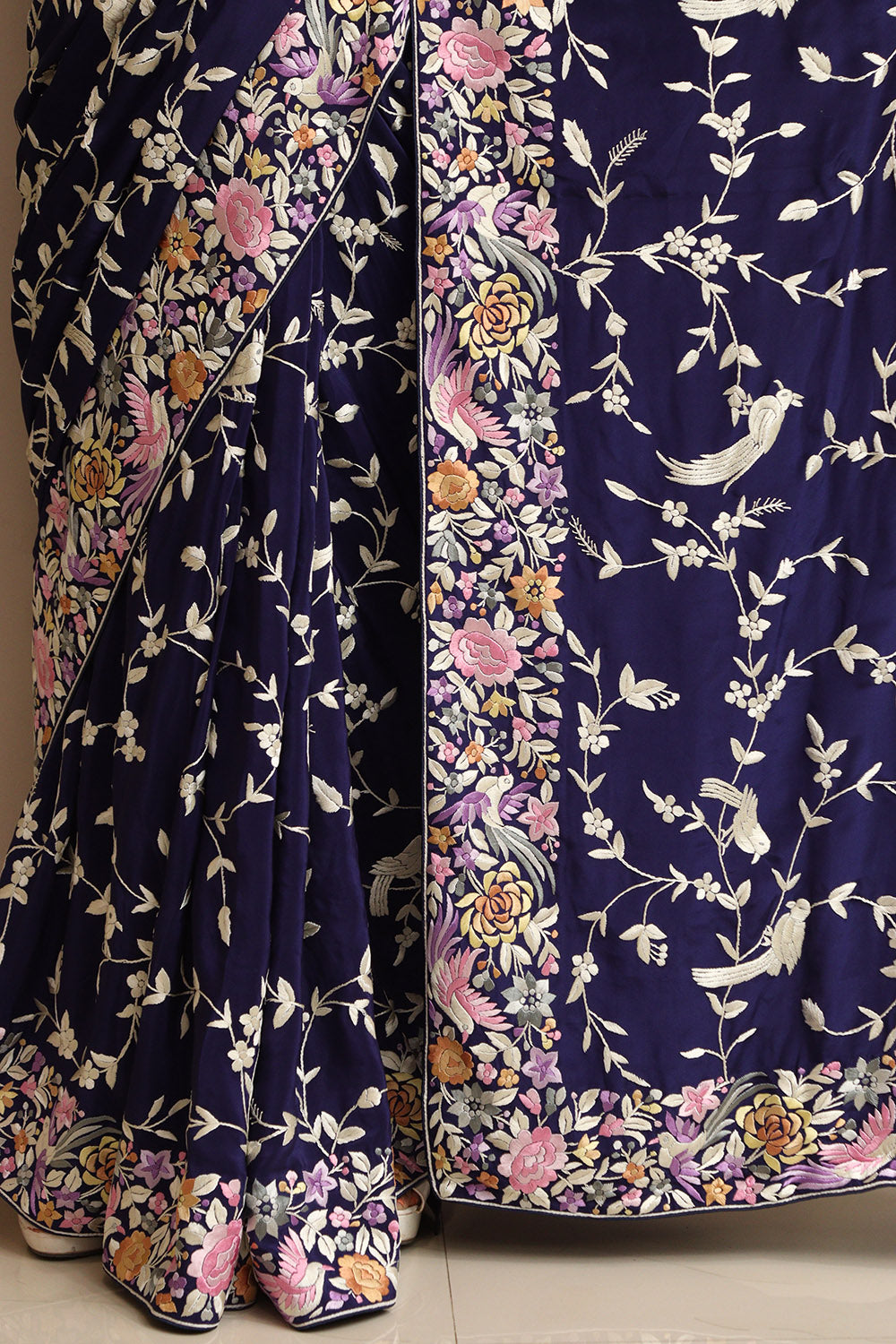 Exquisite Blue Hand Embroidered Parsi Gara Crepe Flower And Bird Design Saree - Luxurion World