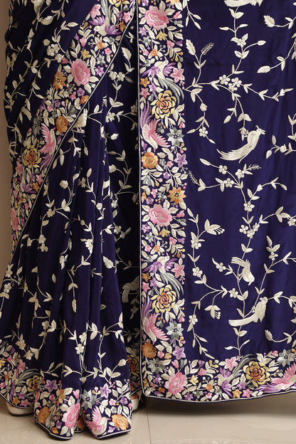 Exquisite Blue Hand Embroidered Parsi Gara Crepe Flower And Bird Design Saree - Luxurion World