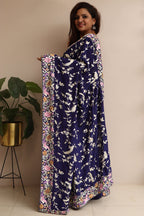 Exquisite Blue Hand Embroidered Parsi Gara Crepe Flower And Bird Design Saree - Luxurion World