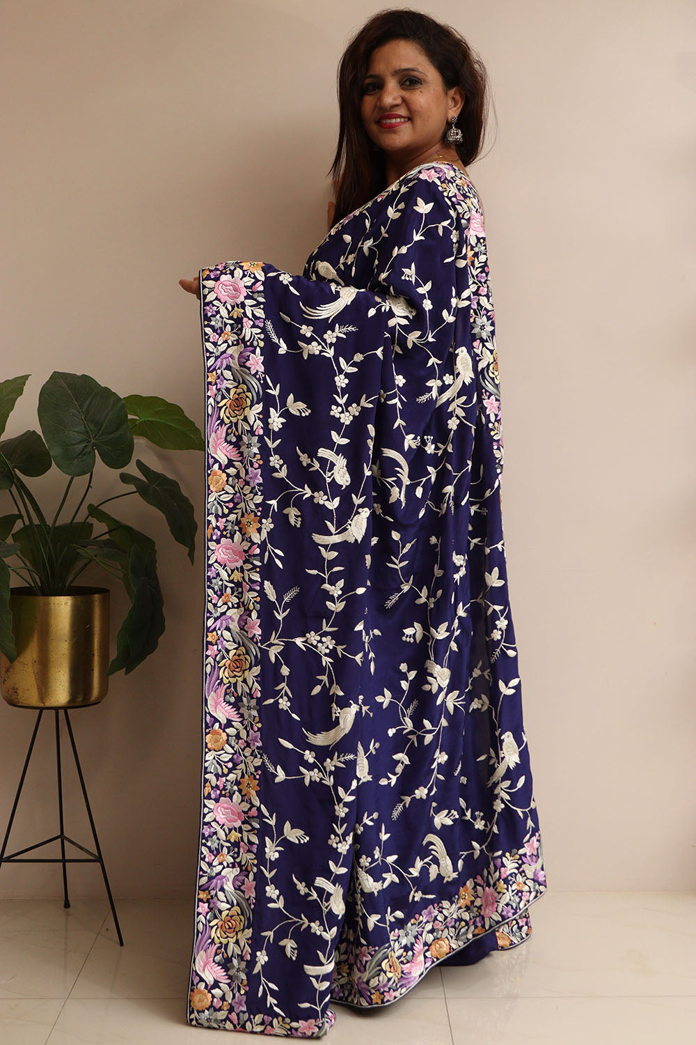 Exquisite Blue Hand Embroidered Parsi Gara Crepe Flower And Bird Design Saree - Luxurion World
