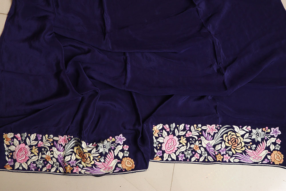 Exquisite Blue Hand Embroidered Parsi Gara Crepe Flower And Bird Design Saree - Luxurion World