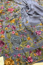Exquisite Grey Hand Embroidered Parsi Gara Crepe Flower Design Saree - Luxurion World