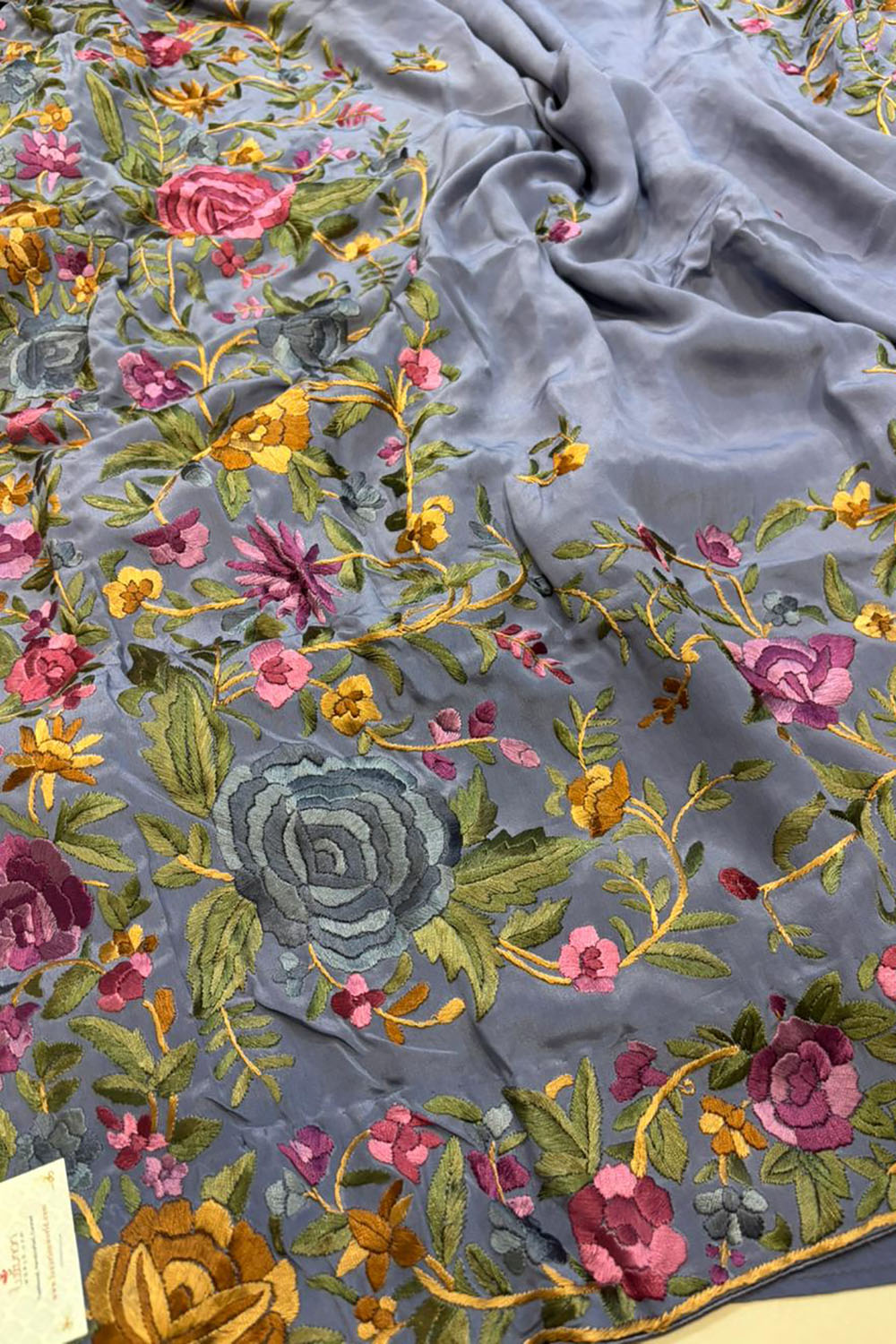 Exquisite Grey Hand Embroidered Parsi Gara Crepe Flower Design Saree - Luxurion World