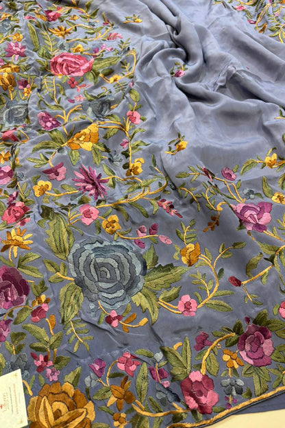 Exquisite Grey Hand Embroidered Parsi Gara Crepe Flower Design Saree - Luxurion World