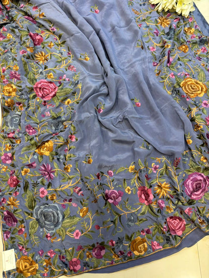 Exquisite Grey Hand Embroidered Parsi Gara Crepe Flower Design Saree - Luxurion World