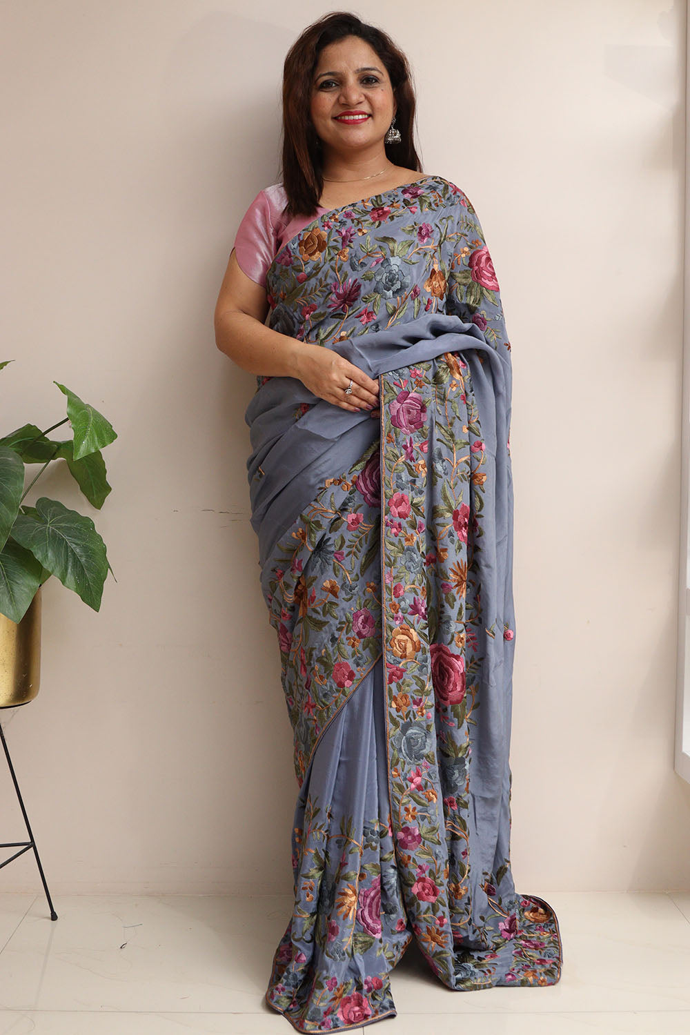 Exquisite Grey Hand Embroidered Parsi Gara Crepe Flower Design Saree - Luxurion World