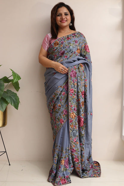 Exquisite Grey Hand Embroidered Parsi Gara Crepe Flower Design Saree - Luxurion World