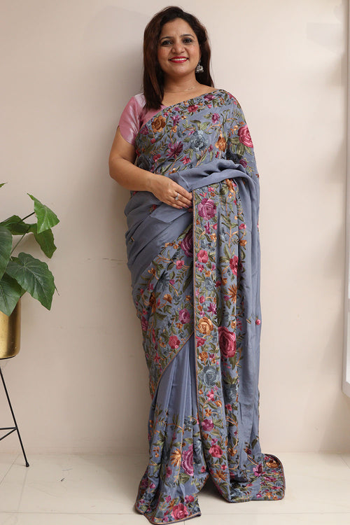Exquisite Grey Hand Embroidered Parsi Gara Crepe Flower Design Saree - Luxurion World