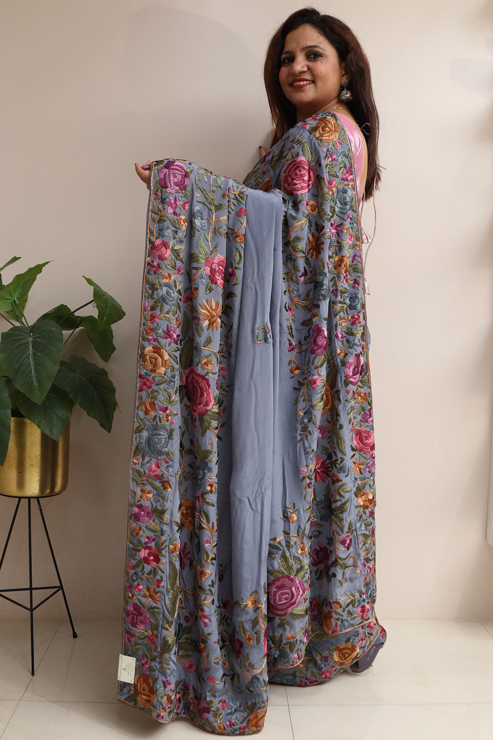 Exquisite Grey Hand Embroidered Parsi Gara Crepe Flower Design Saree - Luxurion World