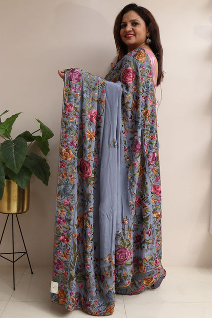 Exquisite Grey Hand Embroidered Parsi Gara Crepe Flower Design Saree - Luxurion World