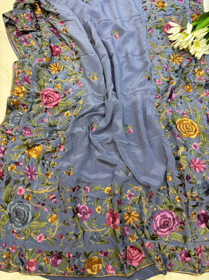 Exquisite Grey Hand Embroidered Parsi Gara Crepe Flower Design Saree - Luxurion World