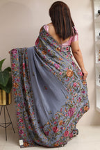 Exquisite Grey Hand Embroidered Parsi Gara Crepe Flower Design Saree - Luxurion World