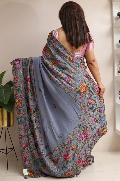 Exquisite Grey Hand Embroidered Parsi Gara Crepe Flower Design Saree - Luxurion World