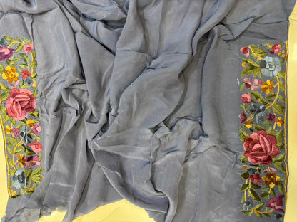 Exquisite Grey Hand Embroidered Parsi Gara Crepe Flower Design Saree - Luxurion World