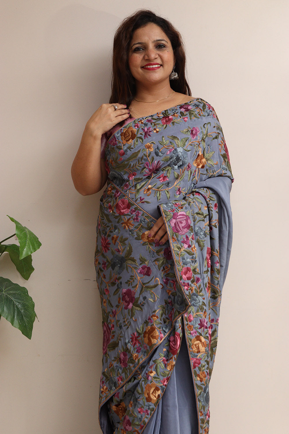 Exquisite Grey Hand Embroidered Parsi Gara Crepe Flower Design Saree - Luxurion World
