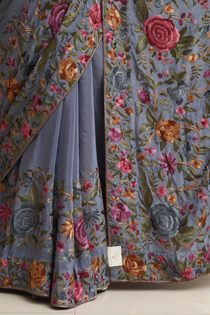 Exquisite Grey Hand Embroidered Parsi Gara Crepe Flower Design Saree - Luxurion World