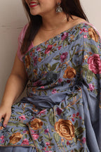 Exquisite Grey Hand Embroidered Parsi Gara Crepe Flower Design Saree - Luxurion World